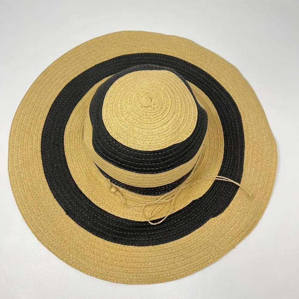 Panama Jack Sun Straw Hat Tan Navy Blue Tassel Floppy Wide Brim Women’s OSFM